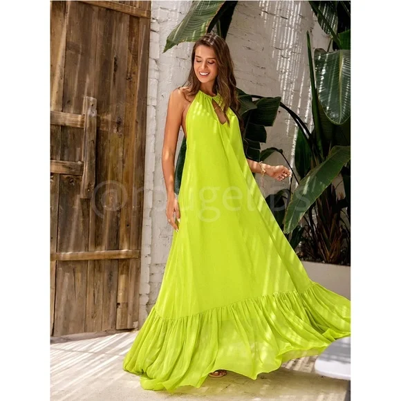 Lime Green Flowy Halter Cutout Maxi Flared Dress Backless Open Back - Picture 4 of 10